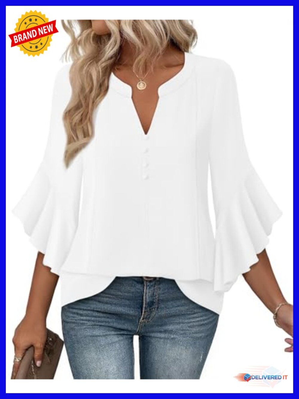 Women's Chic V-Neck 3/4 Sleeve Ruffle Chiffon Blouse Button Henley Top